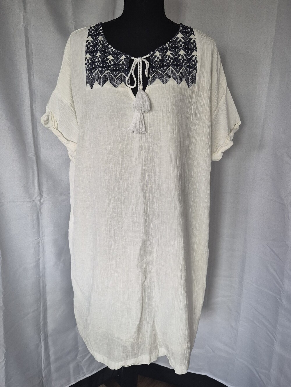 Old Navy Linen Cotton Blend Embroidered Tunic Dress Womens XL Blue White Boho